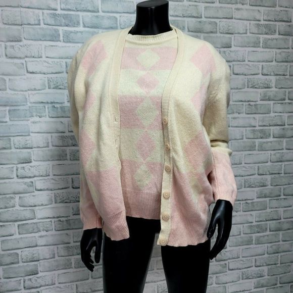 Vintage Evan Picone Size M Pink Wool Angora Argyle Sweater Top & Cardigan SET - Picture 1 of 11